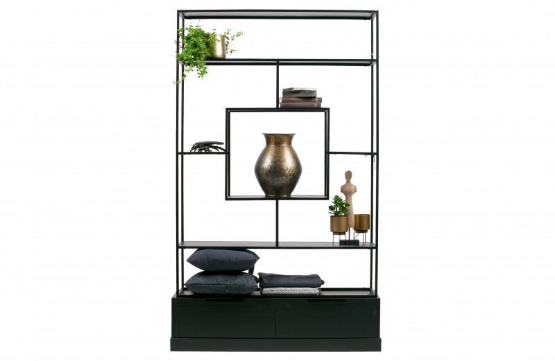 BLACK METAL HONG CABINET WITH 2 WOOD DRAWERS - CABINETS, SHELVES